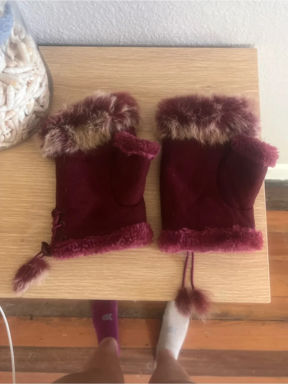 Burgundy Faux Fur Trim Fingerless Mittens